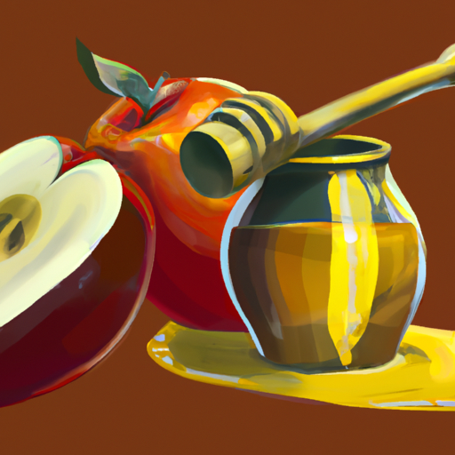 איור של שופר, דבש ותפוחים המסמלים את מרכיבי ראש השנה