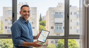 אדם משתמש בטלפון חכם כדי לחפש שירותים, מוקף בבועות מידע ורשתות דיגיטליות