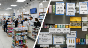 איור של צמח קנאביס עם מטבעות שקלים וחיצים המצביעים על פער מחירים בין אזורים