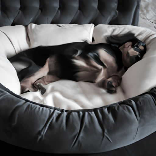 1. כלב ישן בנוחות במיטה מסוגננת המשתלבת עם עיצוב החדר.